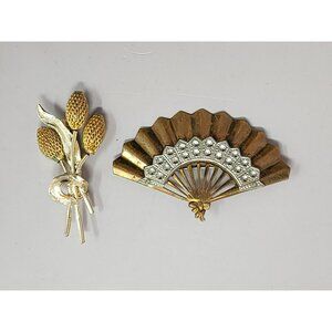Vintage Gold-Tone Floral & Fan‎ Brooch With Rhinestone Detailing Art Nouveau